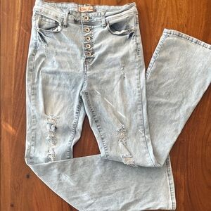 Hippie Wide Leg High-Rise Light Button Fly Blue Distressed Holes Jeans Slits hem